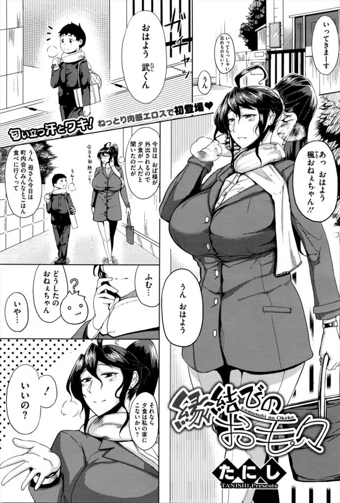 【エロ漫画】少年をノーブラ爆乳で誘い腋毛に顔を埋めて勃起したショタチンコをフェラで精通させる処女お姉さん！